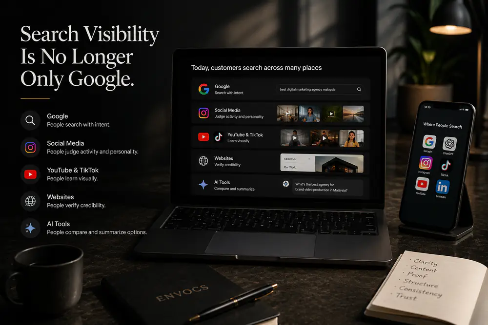 Minimalist dark workspace showing search visibility across Google, social media, websites and AI tools